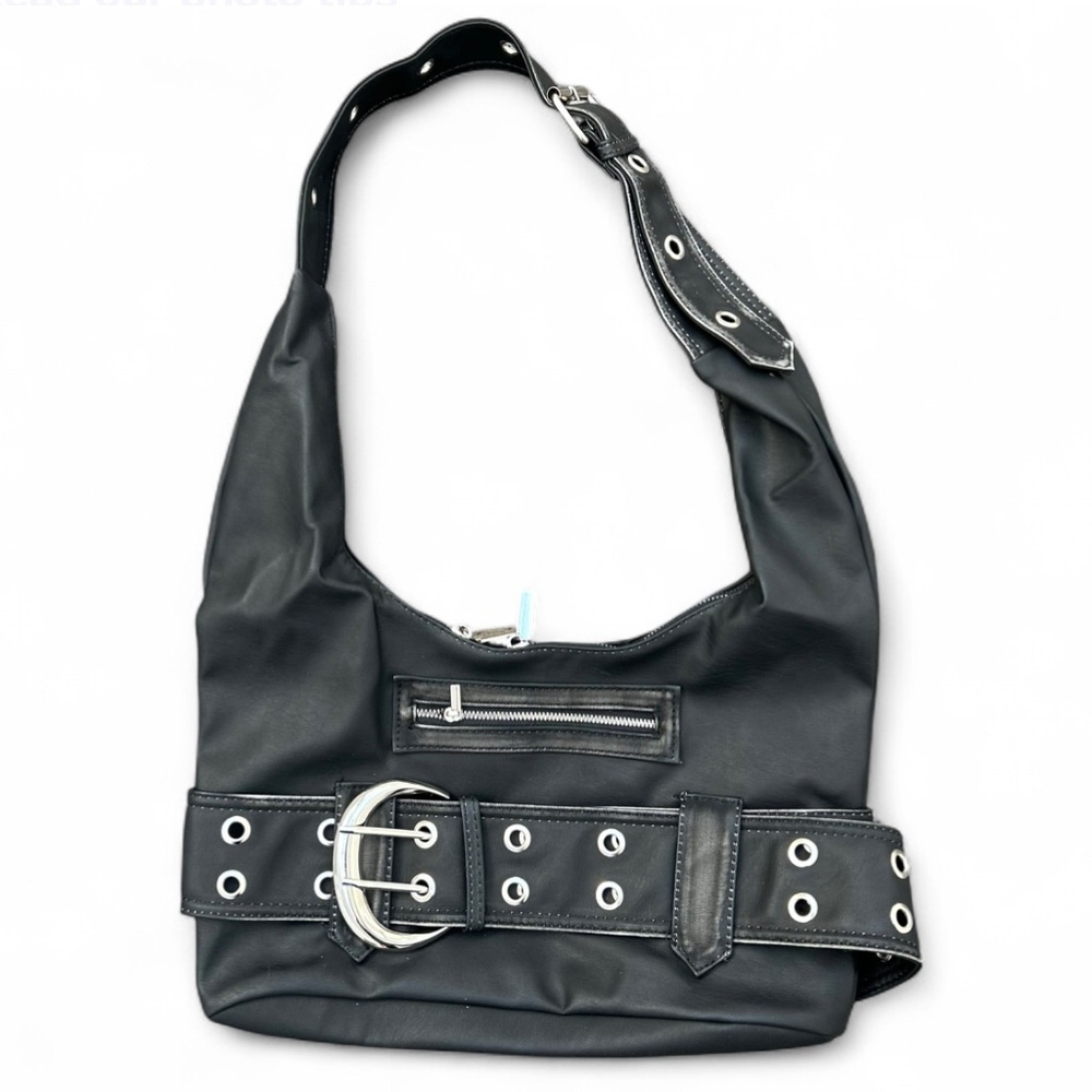 90s Black Faux Leather Women's Purse with Belt Detail